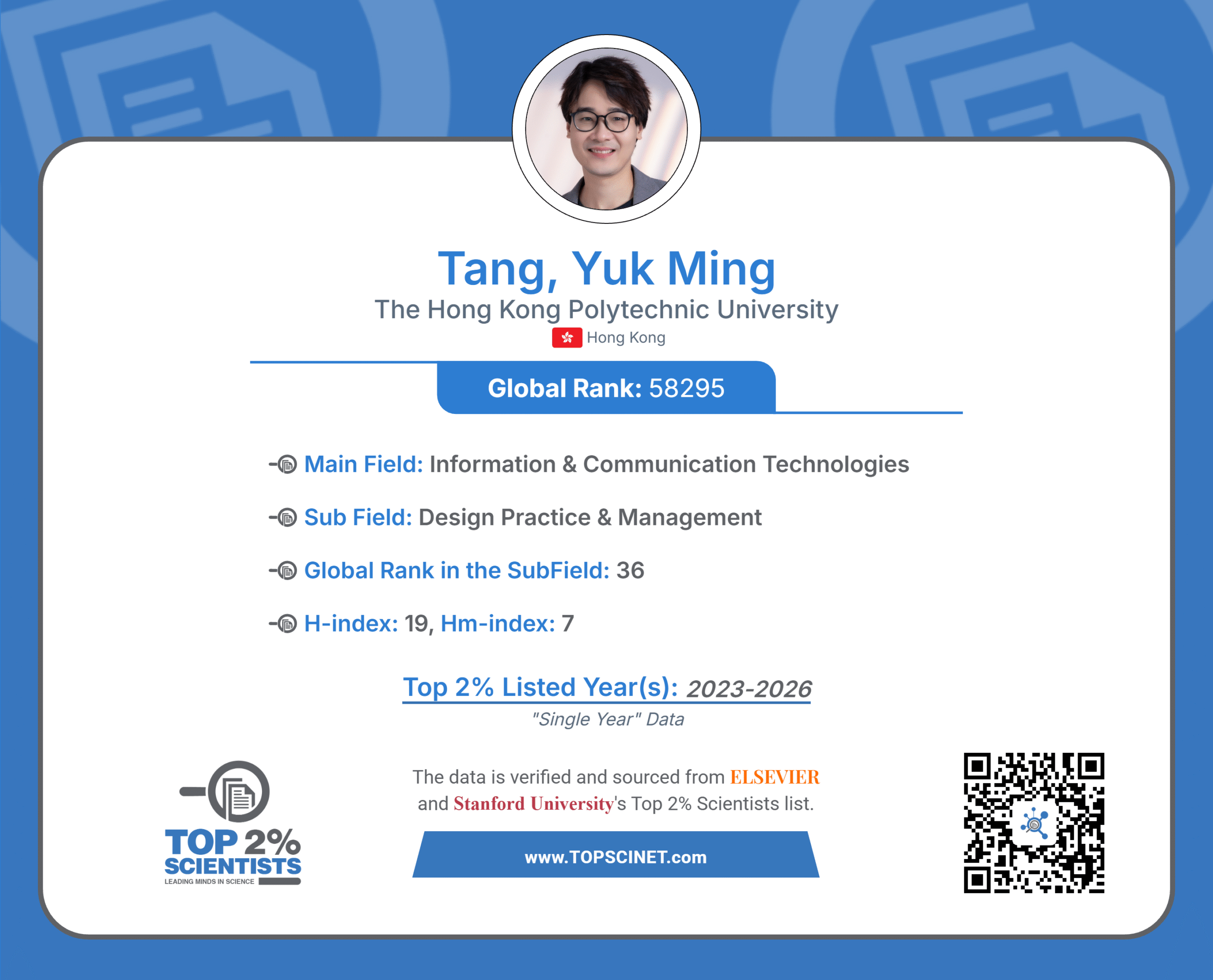 Ir. Dr. Yuk Ming Tang listed among the World’s Top 2% Scientists for Single-Year Impact, 2023–2026. Certificate showing Tang, Yuk Ming from The Hong Kong Polytechnic University listed in the World’s Top 2% Scientists Single-Year Data, 2023–2026.