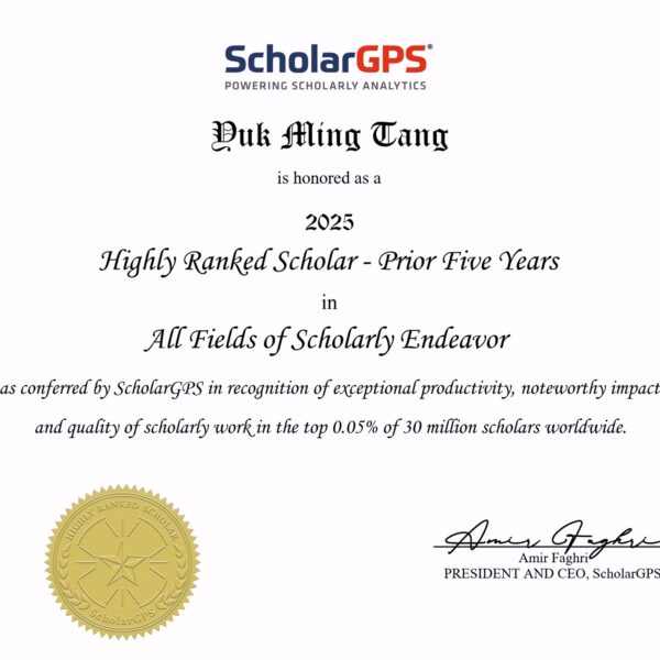 Ir. Dr. YM Tang Recognized as a 2025 ScholarGPS Highly Ranked Scholar