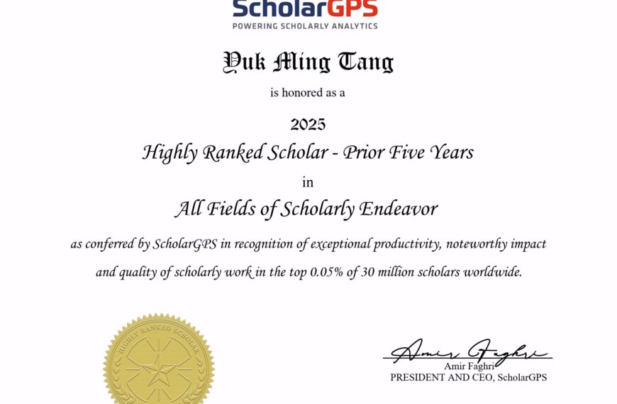 Ir. Dr. YM Tang Recognized as a 2025 ScholarGPS Highly Ranked Scholar